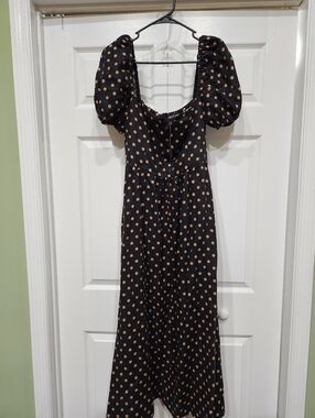 Reformation Black Dress with Tan Polka Dots - Puff Sleeve Maxi